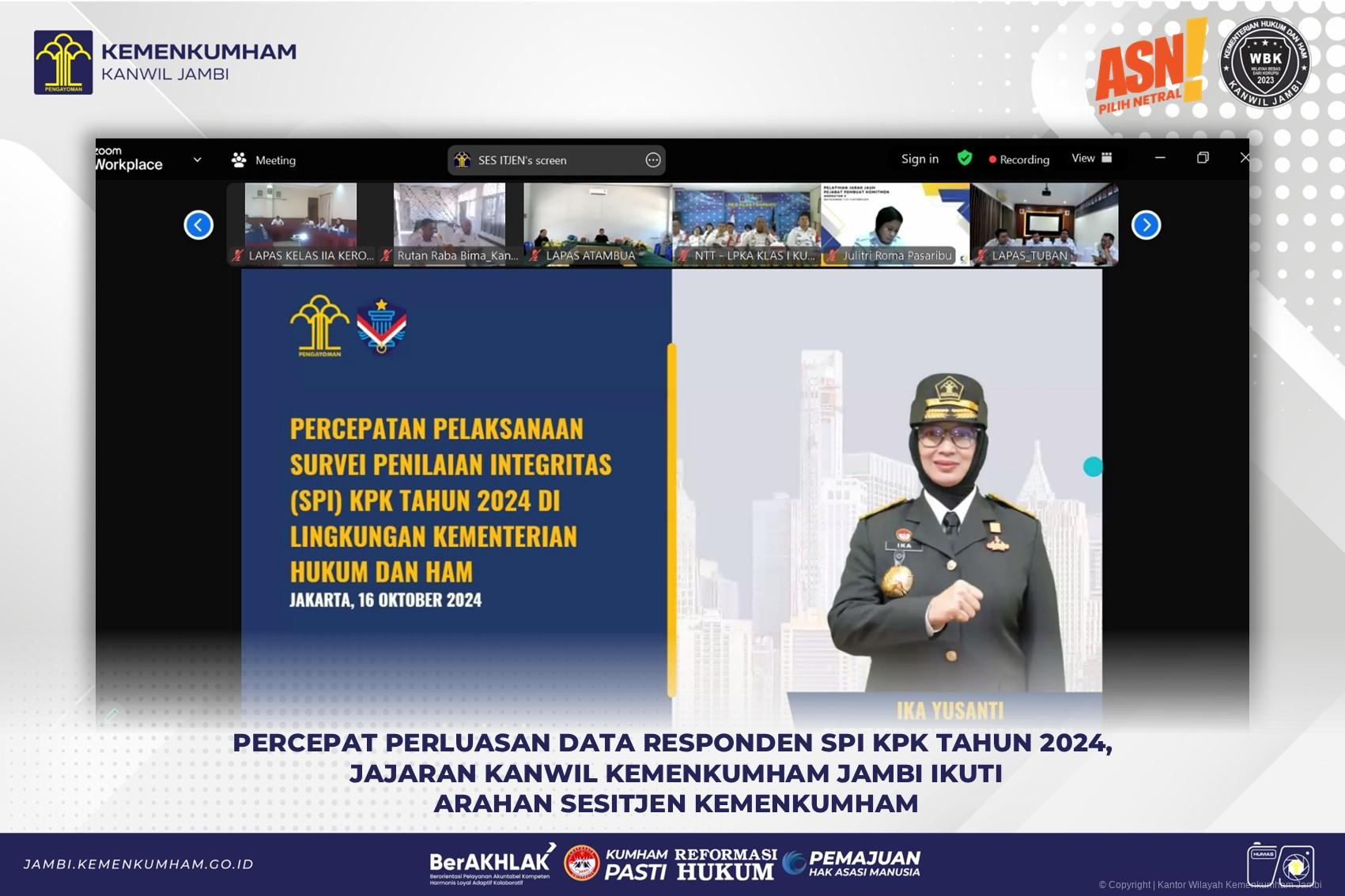 Percepat Perluasan Data Responden SPI KPK Tahun 2024, Jajaran Kanwil Kemenkumham Jambi Ikuti Arahan Sesitjen Kemenkumham